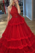 Red Unique Halt Tulle Lace Long Prom Evening Dress with Belt GJS193